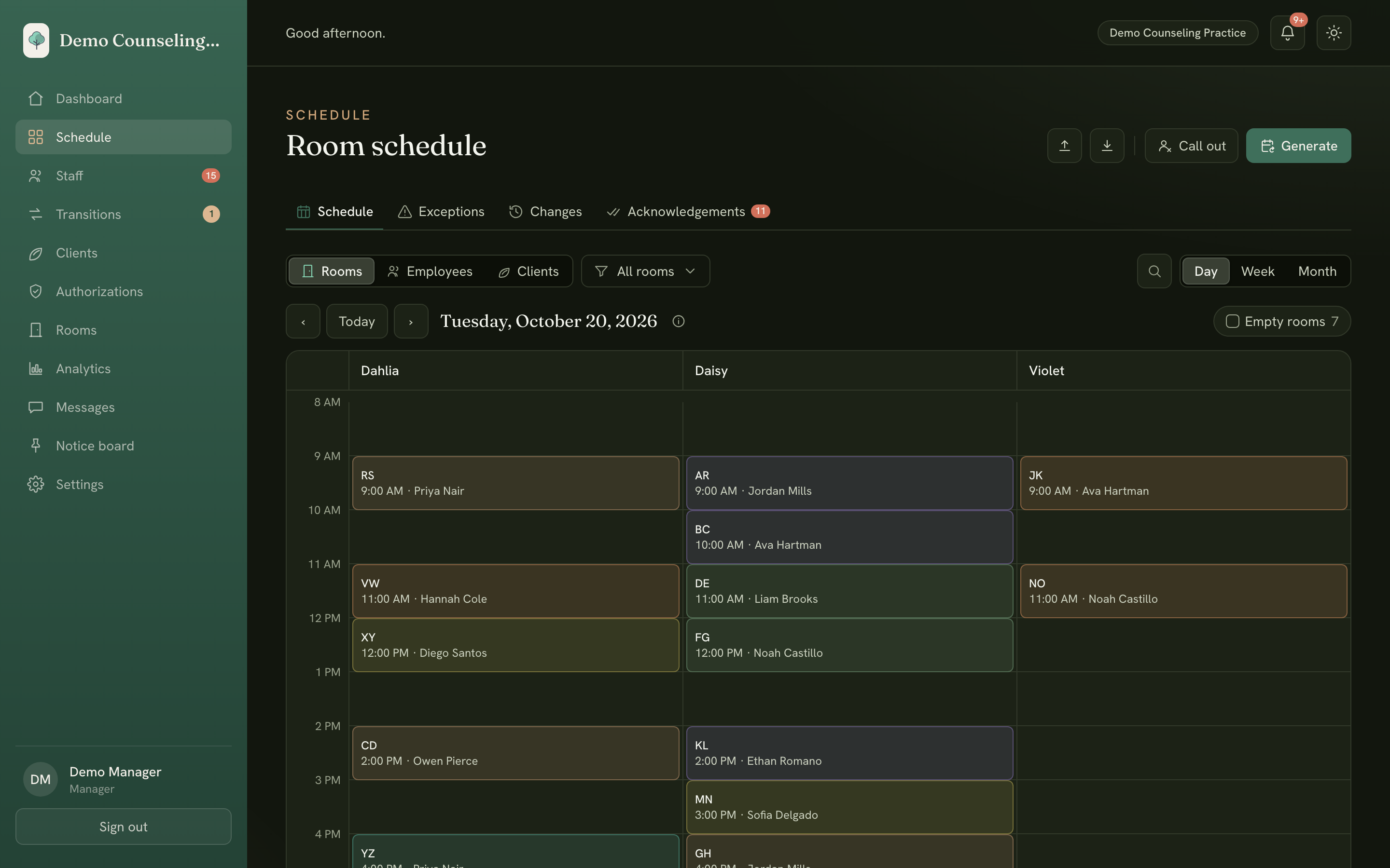 The Canopy web app's room schedule: a day of sessions laid out by room and clinician